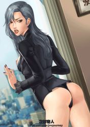 Rule 34 | 10s, 1girl, ass, breasts, earrings, grey hair, jewelry, long hair, looking at viewer, nail polish, necklace, niijima sae, no pants, open mouth, otk king, panties, persona, persona 5, red eyes, solo, underwear, window