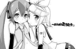 Rule 34 | 2girls, all fours, arched back, arm tattoo, bare shoulders, blouse, blush, collarbone, collared shirt, detached sleeves, flat chest, greyscale, hair between eyes, hair ornament, hair ribbon, hairband, hairclip, hatsune miku, headphones, kagamine rin, lineart, long sleeves, looking at viewer, monochrome, multiple girls, navel, number tattoo, open clothes, open shirt, ribbon, shirt, shorts, simple background, sleeveless, sleeveless shirt, stomach, sugar (sugarless), swept bangs, tareme, tattoo, tsurime, twintails, upper body, vocaloid, white background, wing collar