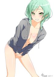 Rule 34 | 10s, 1girl, 2018, absurdres, aqua hair, areola slip, artist name, bang dream!, blush, bottomless, braid, breasts, covered erect nipples, covering privates, covering crotch, dated, green eyes, grin, highres, hikawa hina, leaning forward, looking at viewer, medium breasts, medium hair, no bra, open clothes, parted lips, sakamata (sakamata4), simple background, smile, solo, standing, teeth, twin braids, white background