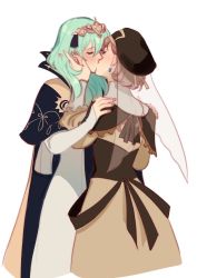 Rule 34 | 2girls, aged up, alternate costume, blonde hair, blush, byleth (female) (fire emblem), byleth (fire emblem), cape, dress, earrings, fire emblem, fire emblem: three houses, green hair, hand on another&#039;s face, hands on another&#039;s shoulders, hat, highres, jewelry, kiss, kukumomo, medium hair, mercedes von martritz, multiple girls, nintendo, short hair, simple background, tiara, veil, white background, yuri