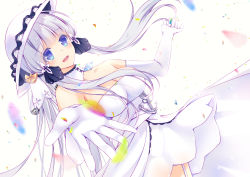 Rule 34 | 1girl, :d, anchor symbol, azur lane, blue eyes, blue gemstone, blurry, blurry foreground, blush, breasts, cleavage, collarbone, commentary request, cowboy shot, dress, dutch angle, elbow gloves, falling petals, garter straps, gem, gloves, hair ribbon, hat, highres, illustrious (azur lane), lace-trimmed headwear, lace trim, large breasts, long hair, looking at viewer, mitsukiriko, mole, mole under eye, open hands, open mouth, petals, ribbon, sidelocks, smile, solo, strapless, strapless dress, sun hat, tress ribbon, tri tails, white background, white dress, white gloves, white hair, white hat