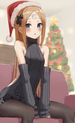 Rule 34 | 1girl, abigail williams (fate), absurdres, backless dress, backless outfit, bandaid, bandaid on face, bandaid on forehead, bare shoulders, black sweater, blush, breasts, brown pantyhose, christmas tree, couch, crossed bandaids, detached sleeves, dress, fate/grand order, fate (series), forehead, fur-trimmed headwear, fur trim, hat, highres, kopaka (karda nui), long hair, looking at viewer, meme attire, open mouth, pantyhose, parted bangs, red hat, ribbed sweater, santa hat, sitting, small breasts, solo, sweater, sweater dress, thighs, turtleneck, turtleneck sweater, virgin killer sweater