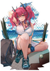 Rule 34 | 1girl, absurdres, arm behind head, armpit peek, azur lane, bag, ball, bare shoulders, breasts, bremerton (azur lane), bremerton (scorching-hot training) (azur lane), cleavage, collared shirt, crossed bangs, fence, frilled skirt, frills, hair between eyes, hair ornament, hairclip, highres, jumbowhopper, large breasts, medium hair, mole, mole under eye, multicolored hair, official alternate costume, open clothes, open mouth, open shirt, pink eyes, pink hair, purple hair, shirt, shoes, short twintails, sitting, skirt, sneakers, solo, streaked hair, tennis ball, twintails, two-tone hair, wristband, x hair ornament