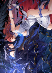 2girls ahoge alternate_costume alternate_hairstyle asymmetrical_horns black_hair black_sclera blue_fire blue_hair breasts colored_inner_hair colored_sclera curry_bowl demon_horns dress dynamic_pose elizabeth_rose_bloodflame eye_contact face-to-face fire highres hololive hololive_english horns huge_ahoge large_breasts long_hair looking_at_another multicolored_hair multiple_girls nerissa_ravencroft red_eyes red_hair two-tone_hair uneven_horns very_long_hair virtual_youtuber