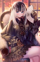 Rule 34 | 1girl, absurdres, autumn leaves, black choker, black dress, black gloves, black hair, blue eyes, blunt bangs, blush, choker, crossed legs, dress, gloves, gothic lolita, grey hair, hand fan, highres, holding, holding fan, hololive, hololive dev is, juufuutei raden, lace-trimmed choker, lace trim, lolita fashion, looking at viewer, multicolored hair, paper fan, sidelocks, smile, solo, streaked hair, takemura kou, virtual youtuber