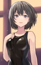 Rule 34 | 1girl, :d, absurdres, amagami, arm at side, black eyes, black hair, black one-piece swimsuit, blurry, blurry background, blush, breasts, breasts apart, brown eyes, clothes writing, collarbone, competition swimsuit, depth of field, hair between eyes, hand on own chest, highres, looking at viewer, medium breasts, medium hair, nanasaki ai, one-piece swimsuit, open mouth, parted bangs, parted lips, rihiro 153, school swimsuit, short hair, smile, solo, standing, straight hair, swimsuit, upper body, wet, wet clothes, wet hair, wet swimsuit