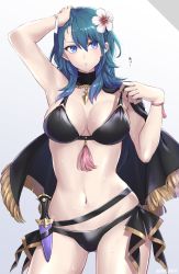 Rule 34 | 1girl, aqua hair, arm up, armpits, belt, bikini, black bikini, blue eyes, blush, breasts, byleth (female) (fire emblem), byleth (female) (summer) (fire emblem), byleth (fire emblem), capelet, cleavage, commentary, dagger, fire emblem, fire emblem: three houses, fire emblem heroes, flower, gradient background, hair flower, hair ornament, hibiscus, highres, knife, large breasts, looking away, navel, nintendo, official alternate costume, parted lips, pulling own clothes, shinae, signature, simple background, solo, stomach, sweat, sweatdrop, swimsuit, thighs, weapon