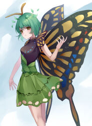 Rule 34 | 1girl, absurdres, antennae, aqua hair, black dress, butterfly wings, dress, eternity larva, fairy, feet out of frame, fingernails, green dress, hand up, highres, insect wings, koizumo, leaf, leaf on head, multicolored clothes, multicolored dress, open mouth, short hair, short sleeves, solo, touhou, wings, yellow eyes
