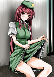 Rule 34 | 1girl, atoshi, bad id, bad pixiv id, blush, braid, breasts, clothes lift, dress, dress lift, embodiment of scarlet devil, female focus, hat, hong meiling, long hair, red eyes, red hair, solo, touhou, twin braids