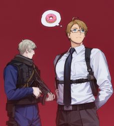 Rule 34 | 2boys, alternate costume, america (hetalia), axis powers hetalia, blonde hair, blue eyes, blue shirt, breast pocket, bulletproof vest, chest belt, chest harness, collared shirt, doughnut, food, glasses, gun, harness, holding, holding gun, holding weapon, long sleeves, looking afar, male focus, multiple boys, pectoral lift, pocket, profile, red background, rifle, russia (hetalia), scarf, shirt, thinking, thought bubble, to@st, weapon, white shirt