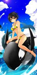 Rule 34 | &gt;:d, 1girl, :d, barefoot, bikini, black hair, breasts, cloud, day, highres, kamiyoshi rika, lens flare, looking at viewer, medium breasts, monster, o-ring, o-ring top, ocean, open mouth, original, short hair, sky, smile, solo, strap gap, swimsuit, v-shaped eyebrows, water, yellow bikini, yellow eyes