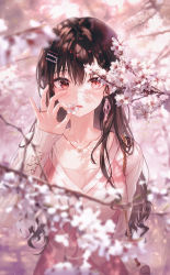 Rule 34 | 1girl, bag, black hair, branch, cherry blossoms, collar, commentary, duplicate, earrings, flower, hair between eyes, hair ornament, hairclip, highres, holding, holding flower, jewelry, long hair, long sleeves, looking at viewer, mole, mole under eye, original, outdoors, parted lips, pink bag, pink eyes, pink flower, pink sweater, pink theme, pixel-perfect duplicate, ring, shoulder bag, solo, sweater, teeth, tokkyu, upper body, upper teeth only