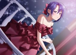 Rule 34 | 1girl, :o, balcony, bare shoulders, blurry, blurry background, blush, bow, braid, breasts, chigusa minori, cleavage, collarbone, dress, dutch angle, hair bow, highres, jewelry, looking up, necklace, off-shoulder dress, off shoulder, original, parted lips, purple eyes, purple hair, railing, red bow, red dress, solo, standing