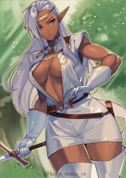Rule 34 | 1girl, absurdres, boots, breasts, brown eyes, center opening, circlet, cleavage, cowboy shot, dark-skinned female, dark elf, dark skin, dress, elf, floating hair, gloves, highres, holding, holding sword, holding weapon, kagematsuri, long hair, looking to the side, medium breasts, outdoors, parted lips, pirotess, pointy ears, record of lodoss war, sheath, short dress, sleeveless, sleeveless dress, solo, standing, straight hair, sword, thigh boots, thighhighs, very long hair, weapon, white dress, white footwear, white gloves, white hair, zettai ryouiki