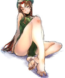 Rule 34 | 1girl, bakuya, barefoot, braid, breasts, china dress, chinese clothes, dirty, dirty feet, dress, feet, grey eyes, hand on own chest, hat, highres, hong meiling, large breasts, leg up, legs, long hair, nail polish, red hair, seductive smile, simple background, sitting, sketch, smile, soles, solo, star (symbol), touhou, very long hair, white background