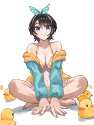 Rule 34 | 1girl, absurdres, bare legs, barefoot, bikini, blue eyes, blue hairband, blue jacket, breasts, brown hair, cleavage, closed mouth, commentary, crossed legs, darao (daradara suyaaa), full body, hair ribbon, hairband, highres, hololive, indian style, jacket, looking at viewer, medium breasts, multicolored clothes, multicolored jacket, nail polish, navel, off shoulder, official alternate costume, oozora subaru, oozora subaru (hololive summer 2019), open clothes, open jacket, orange bikini, orange jacket, orange nails, parted bangs, polka dot, polka dot hairband, ribbon, rubber duck, short hair, simple background, sitting, smile, solo, stomach, striped bikini, striped clothes, swimsuit, toenail polish, toenails, two-tone jacket, virtual youtuber, white background