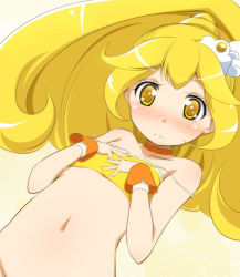 Rule 34 | 10s, 1girl, bad id, bad pixiv id, blonde hair, blush, bra, cure peace, eyelashes, flat chest, hair flaps, kise yayoi, long hair, navel, out-of-frame censoring, precure, sch, smile precure!, solo, strap slip, tiara, underwear, wrist cuffs, yellow bra, yellow eyes, yellow theme