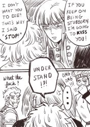 Rule 34 | !!, 4boys, ?, askeladd, beard, canute, collar, covered mouth, english text, eyepatch, facial hair, headband, heart, long hair, looking at another, male focus, monochrome, multiple boys, panels, parted lips, prince, short hair, speech bubble, sweat, themy minamino, thorfinn, thorkell, viking, vinland saga, yaoi