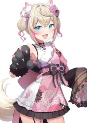 Rule 34 | 1girl, animal ear fluff, animal ears, blonde hair, blue eyes, dog ears, dog girl, dog tail, flower, hair flower, hair ornament, highres, hololive, hololive english, japanese clothes, kimono, mococo abyssgard, mococo abyssgard (new year), multicolored hair, official alternate costume, pink hair, pink kimono, short hair, streaked hair, tail, twintails, vakuuberi, virtual youtuber