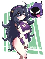 Rule 34 | 1girl, @ @, ahoge, bare arms, bare legs, bare shoulders, black hair, blush, breasts, cleavage cutout, closed mouth, clothing cutout, covered navel, creatures (company), danmakuman, flower, game freak, gastly, gen 1 pokemon, hair flower, hair ornament, hairband, hex maniac (pokemon), highres, large breasts, long hair, looking at viewer, messy hair, nintendo, one-piece swimsuit, pokemon, pokemon (creature), pokemon xy, purple eyes, purple one-piece swimsuit, standing, swimsuit