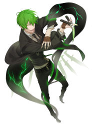 Rule 34 | 1boy, arc system works, balisong, belt, blazblue, coat, fingerless gloves, foreshortening, from above, gloves, glowing, glowing eyes, green hair, hazama, highres, kazuomi (tukima), knife, male focus, necktie, solo, tongue, trench coat, weapon, white background, yellow eyes