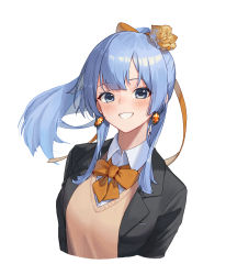 Rule 34 | 1girl, :d, absurdres, blue eyes, blue hair, blush, bow, bowtie, character request, commission, copyright request, earrings, eyebrows, flower, hair bow, hair flower, hair ornament, hair ribbon, highres, jewelry, long hair, looking at viewer, open mouth, orange bow, orange ribbon, pixiv commission, ponytail, ribbon, school uniform, simple background, smile, solo, sooon, teeth, uniform, upper body, white background