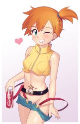 Rule 34 | 1girl, bare shoulders, blue eyes, blue shorts, breasts, coca-cola, collarbone, creatures (company), denim, denim shorts, game freak, gazing eye, gen 1 pokemon, gradient background, highres, midriff, misty (pokemon), navel, navel piercing, nintendo, one eye closed, one side up, orange hair, outside border, piercing, poke ball, pokemon, pokemon: the electric tale of pikachu, pokemon (creature), short hair, short shorts, shorts, simple background, sleeveless, small breasts, smile, solo, standing, staryu, stomach, suspender shorts, suspenders, sweat, tank top, tattoo, teasing, undressing, wink, yellow tank top