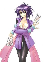 Rule 34 | 00s, 1girl, artist request, bra, breasts, card, cleavage, female focus, fingerless gloves, fujibayashi sheena, gloves, japanese clothes, kimono, large breasts, looking at viewer, ninja, pants, pantyhose, ponytail, purple hair, ribbon, short kimono, simple background, smile, solo, tales of (series), tales of symphonia, underwear, yellow eyes
