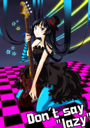 Rule 34 | 00s, 1girl, akiyama mio, bad id, bad pixiv id, bass guitar, black hair, blue eyes, blue pantyhose, blunt bangs, don&#039;t say &quot;lazy&quot;, dress, elbow gloves, facepaint, fingerless gloves, gloves, hat, high heels, highres, hime cut, instrument, k-on!, long hair, mini hat, mini top hat, myama, pantyhose, shoes, solo, top hat