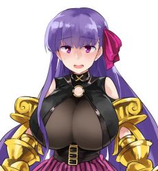 Rule 34 | 10s, 1girl, bad id, bad twitter id, belt buckle, belt collar, black bodysuit, black collar, black shirt, blunt bangs, blush, bodysuit, bodysuit under clothes, bow, breasts, buckle, center opening, claws, clothing cutout, collar, commentary request, fate/extra, fate/extra ccc, fate (series), hair bow, hannpen5500, huge breasts, long hair, o-ring, o-ring top, open mouth, passionlip (fate), pink bow, purple eyes, purple hair, ribbon, shirt, shoulder cutout, skirt, solo, striped clothes, striped skirt, sweat, vertical-striped clothes, vertical-striped skirt, very long hair, white background
