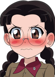 Rule 34 | 1girl, absurdres, angry, black hair, blush, blush stickers, braid, brown eyes, brown jacket, chi-hatan military uniform, closed mouth, commentary request, frown, fukuda haru, girls und panzer, glasses, highres, jacket, long hair, looking at viewer, low twin braids, low twintails, military, military uniform, portrait, rimless eyewear, round eyewear, simple background, solo, twin braids, twintails, uniform, wakku kan, wavy mouth, white background