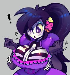 Rule 34 | 1girl, black gloves, black hair, breasts, catalina la catrina, cleavage, dia de muertos, dress, elbow gloves, flower, flower on head, gloves, grey background, highres, large breasts, long hair, mexico, open mouth, ponytail, puffy short sleeves, puffy sleeves, purple dress, purple eyes, short sleeves, simple background, skeleton print, solo