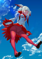 Rule 34 | 10s, 1girl, :o, black footwear, blue sky, blunt bangs, breasts, buttons, cloud, crotch seam, day, floating, frilled sleeves, frills, from below, full body, gloves, half-closed eyes, head wings, highres, hip focus, japanese crested ibis (kemono friends), jitome, kemono friends, legs, long hair, long sleeves, looking at viewer, mary janes, multicolored hair, navel, open mouth, panties, panties under pantyhose, pantyhose, pleated skirt, red gloves, red pantyhose, red skirt, shirt, shoes, skirt, sky, solo, tail, thighs, two-tone hair, underwear, upskirt, white hair, white shirt, wide sleeves, wings, yellow eyes, yunoji (makuswel)