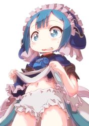 Rule 34 | 1boy, bloomers, blue capelet, blue eyes, blue hair, blush, capelet, child, clothes lift, dress, dress lift, embarrassed, frills, highres, lifting own clothes, made in abyss, maid headdress, male focus, maruruk, navel, open mouth, puffy short sleeves, puffy sleeves, short sleeves, simple background, solo, sweat, trap, underwear, whistle, white background, ximu shilang