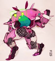 Rule 34 | 34no404, animal ears, ass, clothed robot, fishnet pantyhose, fishnets, holographic monitor, mecha, meka (overwatch), no humans, overwatch, overwatch 1, panties, pantyhose, pink panties, rabbit ears, robot, solo, thong, topless, underwear, what