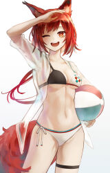 Rule 34 | 1girl, ;d, absurdres, aiv, arknights, arm up, ball, beachball, breasts, commentary, cowboy shot, flametail (arknights), gradient background, grey background, highres, holding, holding ball, long hair, looking at viewer, medium breasts, navel, one eye closed, open clothes, open mouth, open shirt, orange eyes, red hair, shirt, simple background, smile, solo, squirrel tail, standing, stomach, tail, thigh strap, thighs, very long hair, white background, white shirt