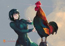 Rule 34 | 1girl, absurdres, bird, breasts, chicken, dress, fubuki (one-punch man), green eyes, highres, large breasts, one-punch man, short hair, solo, tagme