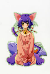 Rule 34 | absurdres, animal ears, bell, cat ears, cat tail, collar, fish, highres, neck bell, paw print, purple hair, scan, short hair, sitting, solo, suzuhira hiro, tail