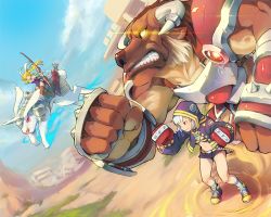 Rule 34 | 1boy, 2girls, archery, armor, arrow (projectile), blonde hair, bow (weapon), boxing gloves, rabbit, canyon, cloud, cow, day, fighting, hood, hoodie, horns, minotaur, multiple girls, original, quiver, riding, segamark, sky, weapon, white hair