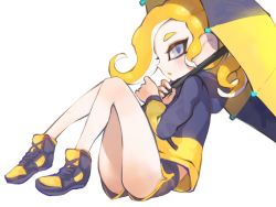 Rule 34 | 1girl, :o, bad id, bad twitter id, black shorts, blonde hair, dolphin shorts, grey eyes, highres, holding, holding umbrella, hood, hood down, hooded jacket, jacket, jtveemo, long hair, long sleeves, nintendo, octoling, octoling player character, open mouth, over shoulder, shoes, short shorts, shorts, sideways mouth, simple background, sitting, solo, splat brella (splatoon), splatoon (series), splatoon 2, suction cups, tentacle hair, track jacket, umbrella, white background