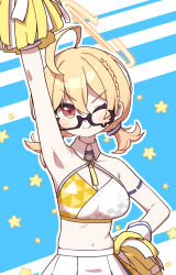 Rule 34 | 1girl, ;), ahoge, arm up, armpits, bare shoulders, black-framed eyewear, blonde hair, blue archive, braid, breasts, cheerleader, cleavage, closed mouth, commentary request, hair between eyes, hand on own hip, highres, kotori (blue archive), kotori (cheer squad) (blue archive), long hair, low twintails, medium breasts, mei mu, millennium cheerleader outfit (blue archive), navel, one eye closed, pleated skirt, pom pom (cheerleading), red eyes, semi-rimless eyewear, skirt, smile, solo, twintails, under-rim eyewear, v-shaped eyebrows, white skirt