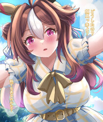 Rule 34 | 1girl, ahoge, animal ears, belt, blush, breasts, brown hair, cloud, commentary request, copano rickey (umamusume), double bun, fang, hair between eyes, hair bun, hair ornament, horse ears, horse girl, horse tail, large breasts, liukensama, looking at viewer, open mouth, pov, purple eyes, sky, solo, tail, translation request, umamusume