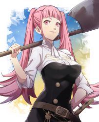 Rule 34 | 1girl, absurdres, ascot, axe, belt, blunt bangs, breasts, closed mouth, female focus, fire emblem, fire emblem: three houses, highres, hilda valentine goneril, holding, holding axe, holding weapon, large breasts, long hair, long sleeves, looking at viewer, matching hair/eyes, nintendo, open mouth, pink eyes, pink hair, pretty-purin720, simple background, smile, solo, standing, thighhighs, twintails, uniform, upper body, weapon