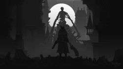 Rule 34 | 2others, ambiguous gender, belt, bloodborne, building, capelet, cityscape, coat, commentary, copyright name, corpse, creature, facing away, greyscale, gun, hat, highres, holding, holding gun, holding weapon, hunter (bloodborne), looking at another, monochrome, monster, moon, multiple others, outdoors, saw, saw cleaver, scenery, signature, standing, the one reborn, tricorne, tripdancer, weapon