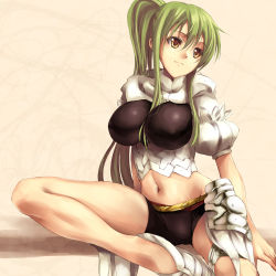 Rule 34 | 1girl, armor, bad id, bad pixiv id, bike shorts, borrowed character, breasts, faulds, fukai ryosuke, green hair, highres, large breasts, long hair, midriff, navel, original, ponytail, puffy sleeves, shoes, simple background, sitting, smile, solo, sumi-chan (sachito), yellow eyes