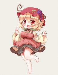 Rule 34 | 1girl, aki minoriko, apron, arinu, barefoot, black skirt, blonde hair, blush, breasts, fruit hat ornament, full body, grape hat ornament, hair between eyes, hat, hat ornament, highres, large breasts, long sleeves, mob cap, open mouth, red apron, red eyes, red hat, shirt, short hair, simple background, skirt, smile, solo, touhou, white background, wide sleeves, yellow shirt