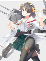 Rule 34 | 10s, 1girl, bare shoulders, black pantyhose, boots, breasts, brown hair, cannon, detached sleeves, grey eyes, hair ornament, hairband, headgear, hiei (kancolle), high heels, highres, japanese clothes, kantai collection, nontraditional miko, panties, panties under pantyhose, pantyhose, pantyshot, personification, plaid, short hair, skirt, smile, thigh boots, thighhighs, turret, underwear, upskirt, white panties, zi se