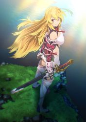 Rule 34 | 1girl, ahoge, blonde hair, boots, breasts, cleavage, cliff, clothing cutout, floating hair, highres, holding, holding sword, holding weapon, long hair, medium breasts, milla maxwell, paintedmike, pink eyes, pink footwear, shoulder cutout, smile, solo, sunlight, sword, tales of (series), tales of xillia, water, weapon
