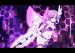 Rule 34 | 10s, 1girl, blue eyes, breasts, elbow gloves, gloves, hair ornament, large breasts, letterboxed, long hair, looking at viewer, mizunashi (second run), navel, nepgear, neptune (series), pink hair, purple sister, smile, solo, symbol-shaped pupils, weapon
