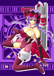 Rule 34 | 10s, 1girl, armpits, bodysuit, boots, breasts, cleavage, d-n, gun, headphones, large breasts, long hair, purple eyes, purple hair, senki zesshou symphogear, solo, thigh boots, thighhighs, twintails, weapon, yukine chris